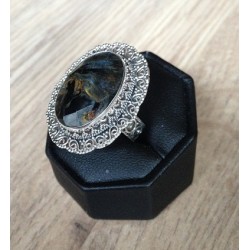 Zilveren edelsteen ring met Pietersiet bewerkte setting maat 17