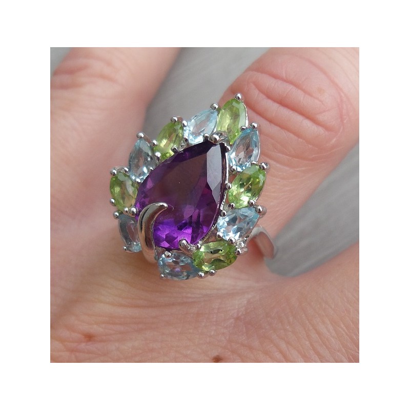 Zilveren ring met Amethist, blauw Topaas en Peridot 16.5 mm