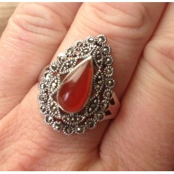 Zilveren edelsteen ring Carneool en Markasiet maat 19 mm
