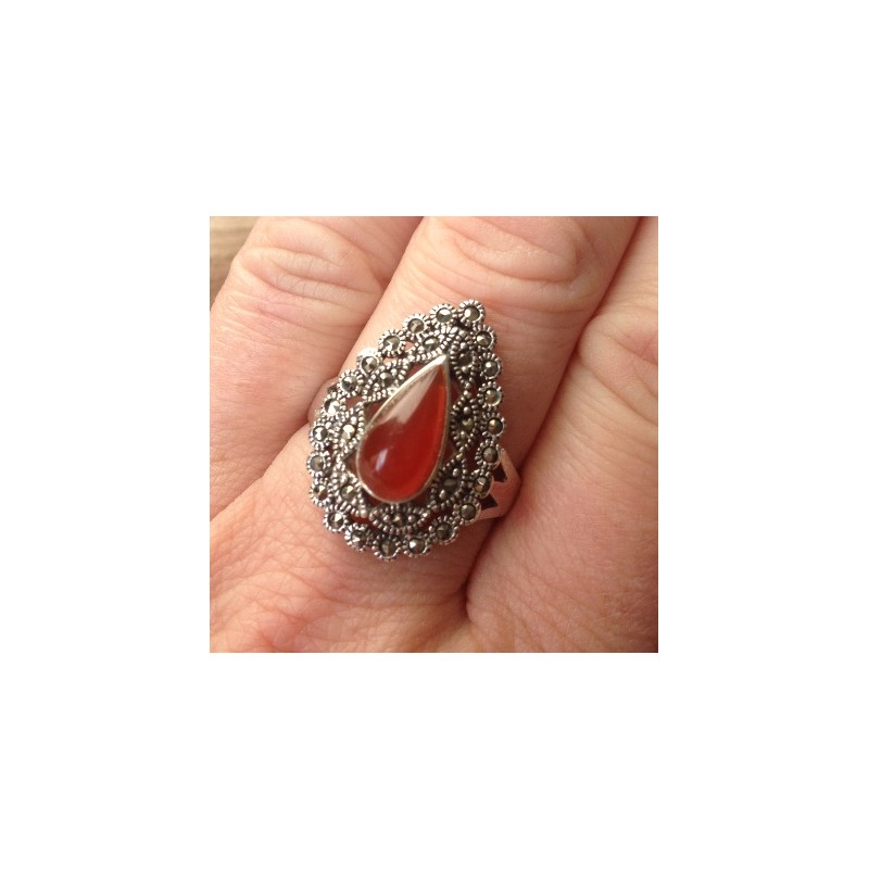 Zilveren edelsteen ring Carneool en Markasiet maat 19 mm