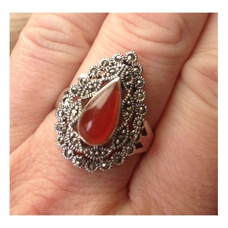 Zilveren edelsteen ring Carneool en Markasiet maat 19 mm