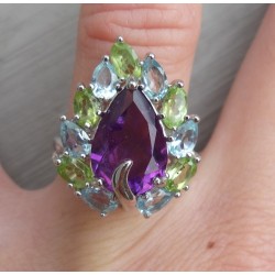 Zilveren ring met Amethist, blauw Topaas en Peridot 16.5 mm