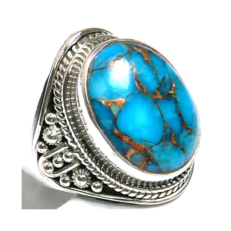 Zilveren ring met blauw koper Turkoois steen maat 7