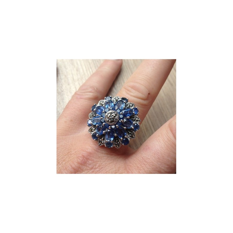 Zilveren ring met Markasiet, Kyaniet en Saffier maat 17.7 of 18.
