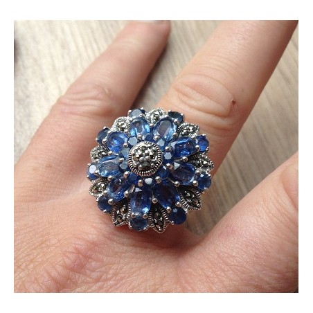 Zilveren ring met Markasiet, Kyaniet en Saffier maat 17.7 of 18.
