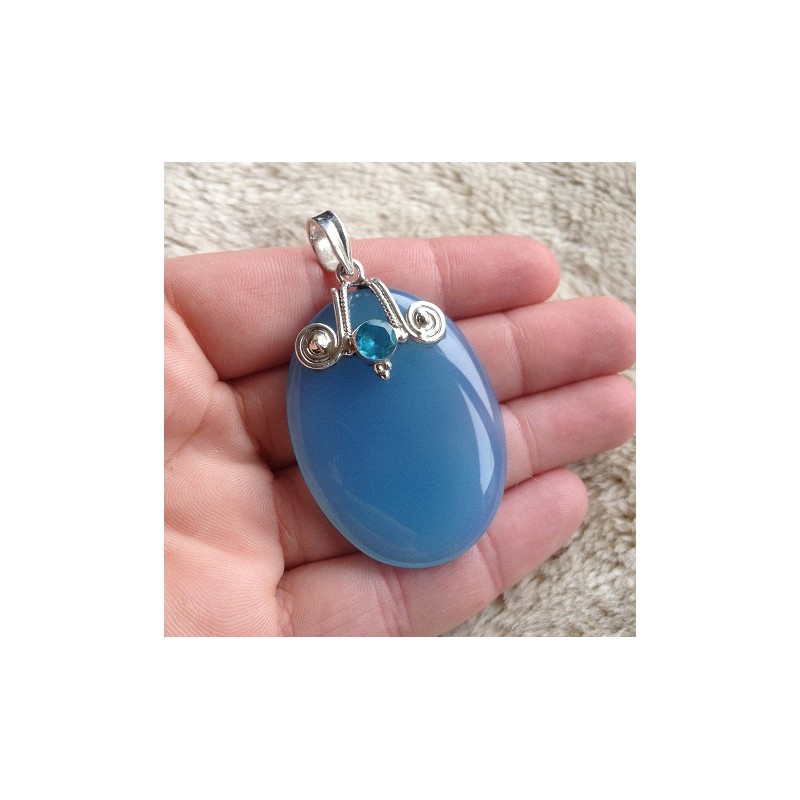 Zilveren edelsteen hanger grote Chalcedoon en blauw Topaas