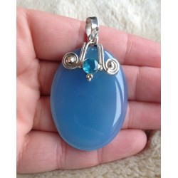 Zilveren edelsteen hanger grote Chalcedoon en blauw Topaas