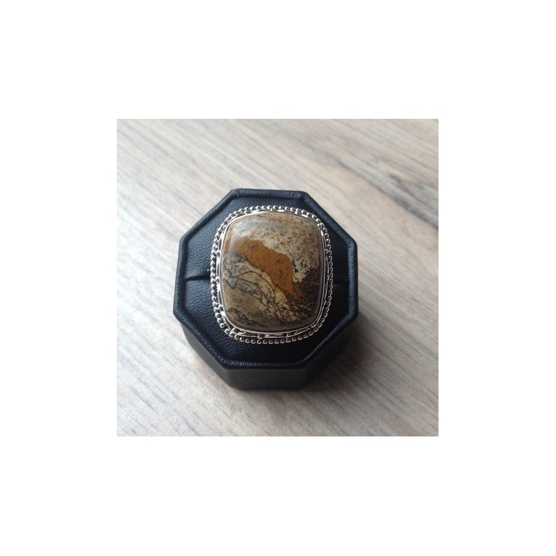 Zilveren edelsteen ring met Landschap Jasper bewerkte kop 17.5 m