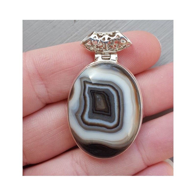 Zilveren hanger ovale cabochon zwarte Botswana Agaat