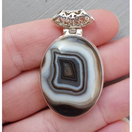 Zilveren hanger ovale cabochon zwarte Botswana Agaat