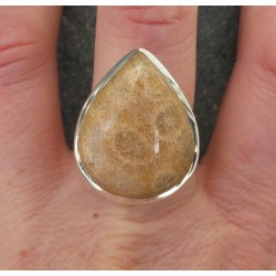 Zilveren ring gezet met druppelvorm Fossiel Koraal 19 mm
