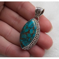 Zilveren hanger marquise koper blauw Turkoois bewerkte setting