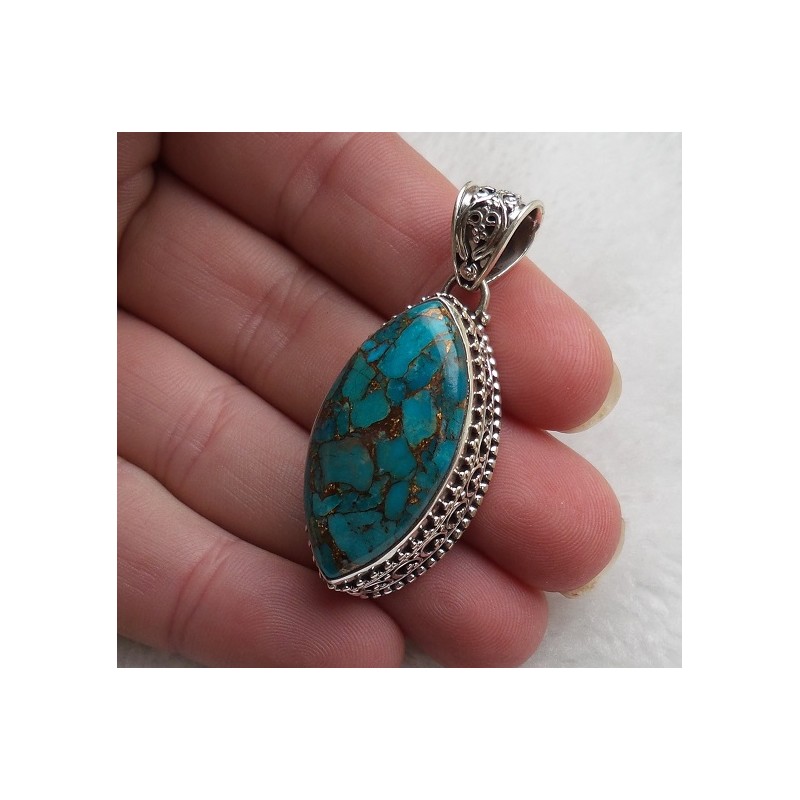 Zilveren hanger marquise koper blauw Turkoois bewerkte setting