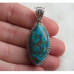 Zilveren hanger marquise koper blauw Turkoois bewerkte setting