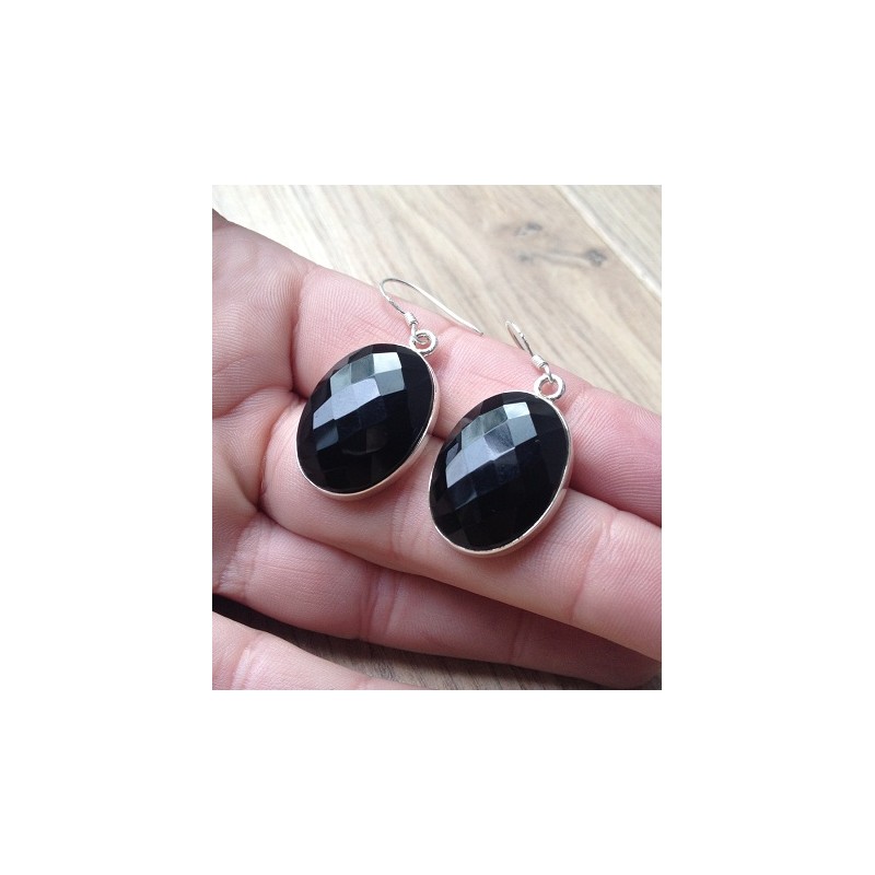 Zilveren edelsteen oorbellen met facet ovale zwarte Onyx