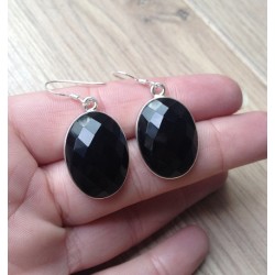 Zilveren edelsteen oorbellen met facet ovale zwarte Onyx