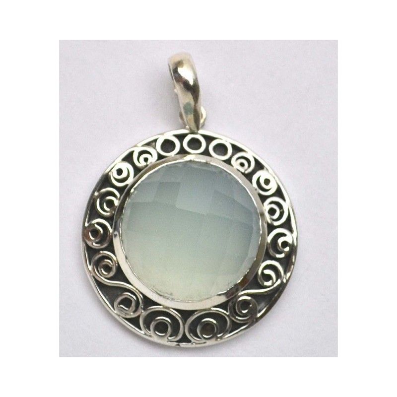 Zilveren hannger ronde facet aqua Chalcedoon bewerkte setting