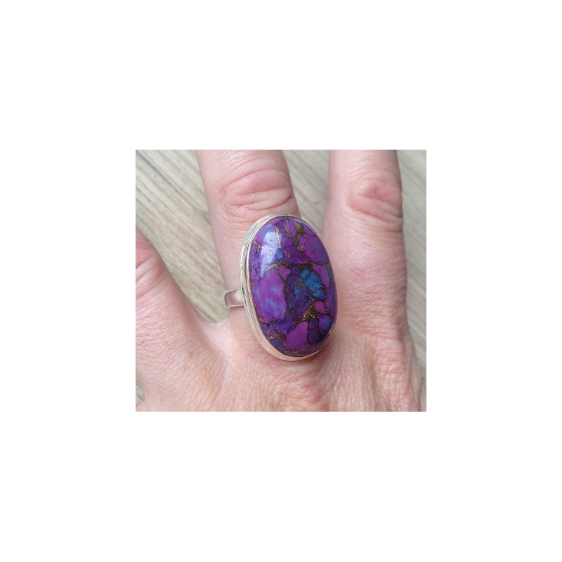 Zilveren ring met ovale koper paars Turkoois ring maat 18 mm