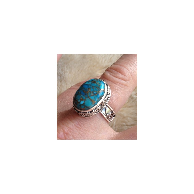 Zilveren ring koper blauw Turkoois in bewerkte setting maat 19