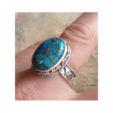 Zilveren ring koper blauw Turkoois in bewerkte setting maat 19