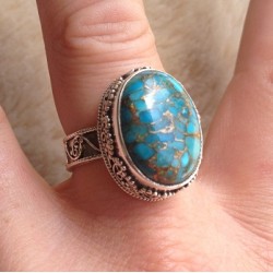Zilveren ring koper blauw Turkoois in bewerkte setting maat 19