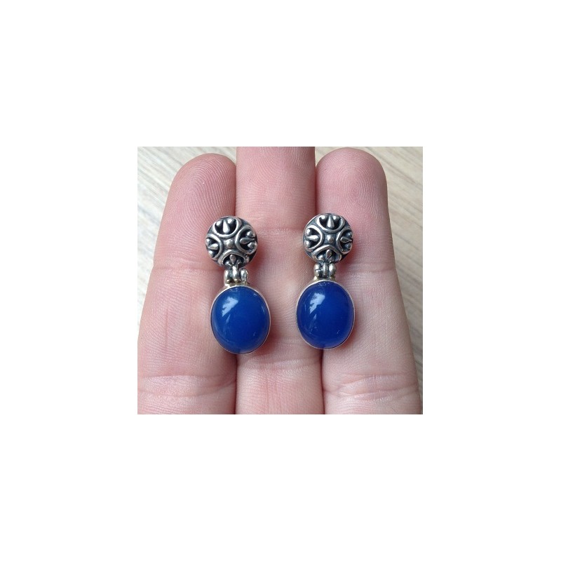 Zilveren oorbellen met ovale blauw Chalcedoon