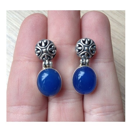 Zilveren oorbellen met ovale blauw Chalcedoon