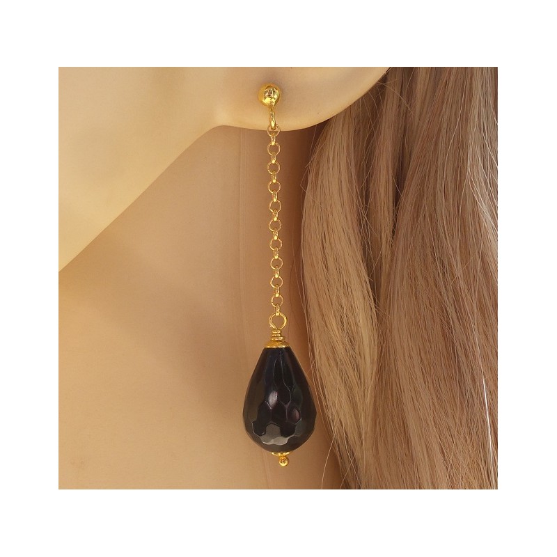 Vergulde oorbellen met zwarte Onyx briolet