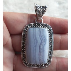 Zilveren hanger rechthoekige blauw Lace Agaat bewerkte setting