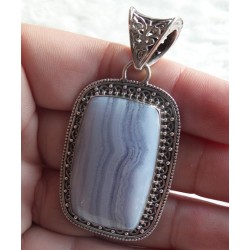 Zilveren hanger rechthoekige blauw Lace Agaat bewerkte setting