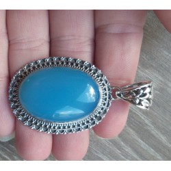 Zilveren hanger ovale blauwe Chalcedoon en bewerkte setting