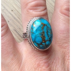 Zilveren ring met koper blauw Turkoois en bewerkte setting 19 mm