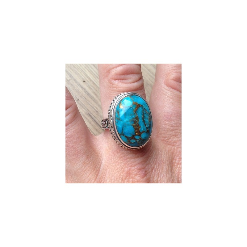 Zilveren ring met koper blauw Turkoois en bewerkte setting 19 mm