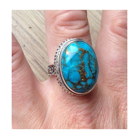 Zilveren ring met koper blauw Turkoois en bewerkte setting 19 mm