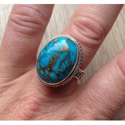 Zilveren ring met koper blauw Turkoois en bewerkte setting 19 mm