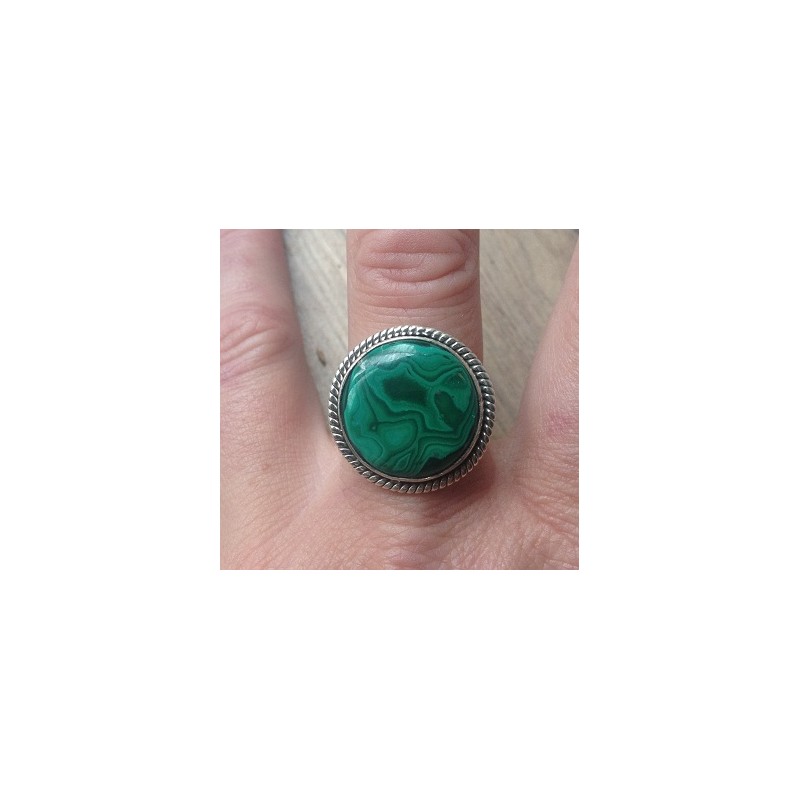 Zilveren edelsteen ring ronde Malachiet maat 19 mm