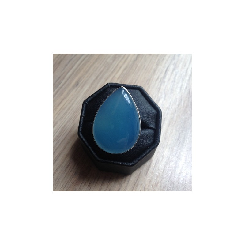 Zilveren ring grote druppelvorm blauwe Chalcedoon maat 17.5 mm