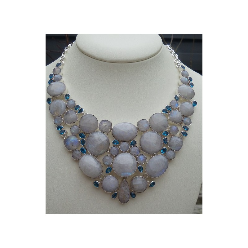 Zilveren ketting gezet met facet Maansteen en blauw Topaas