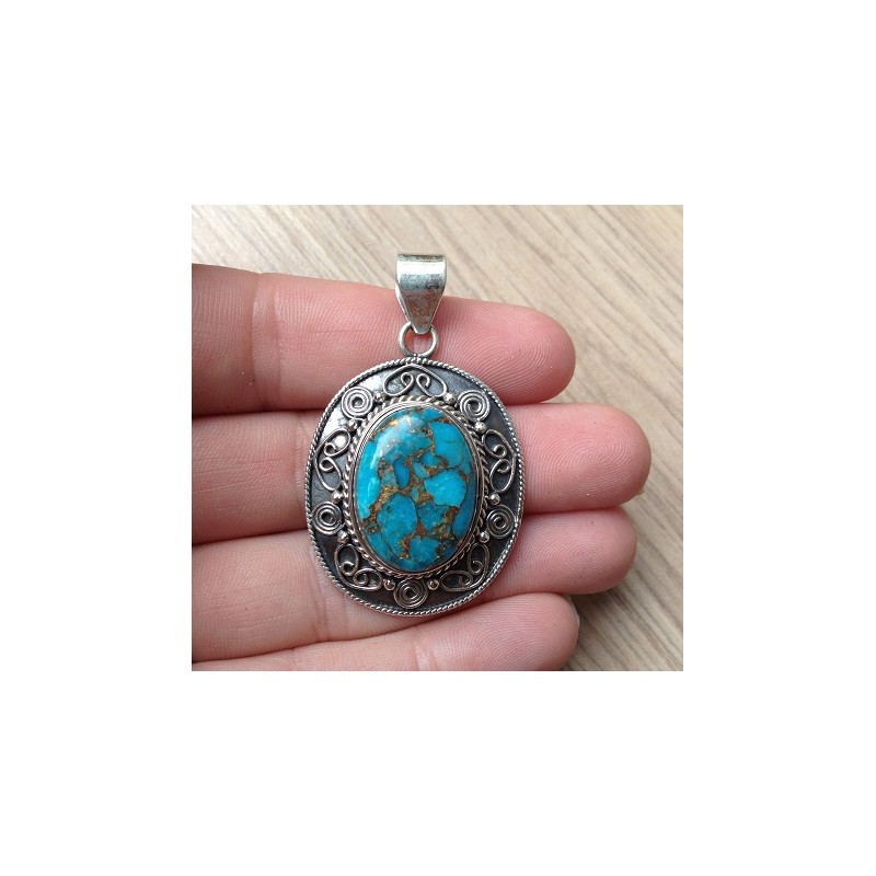 Zilveren hanger koper blauw Turkoois en bewerkte setting
