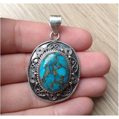 Zilveren hanger koper blauw Turkoois en bewerkte setting