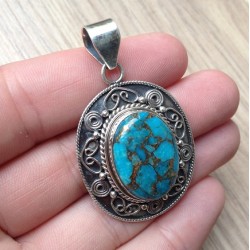 Zilveren hanger koper blauw Turkoois en bewerkte setting