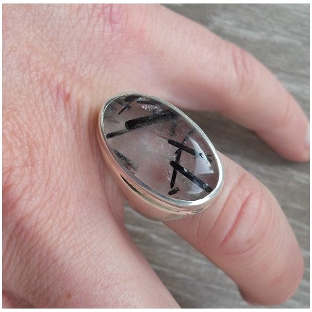 Zilveren ring met zwarte Rutielkwarts ring maat 17 mm