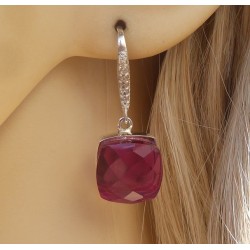 Zilveren oorbellen vierkante roze Toermalijn quartz en Zirkonia