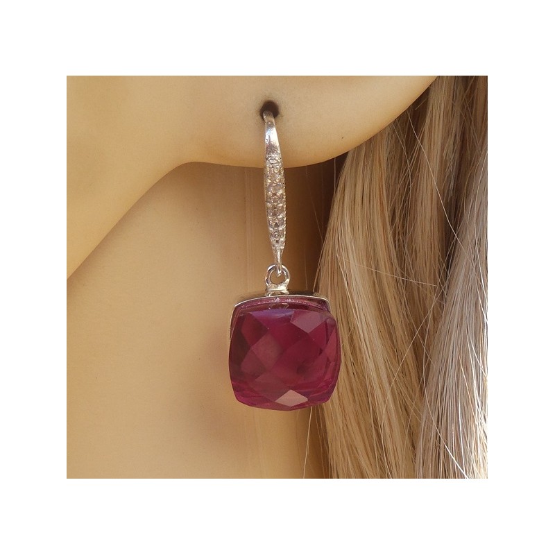 Zilveren oorbellen vierkante roze Toermalijn quartz en Zirkonia