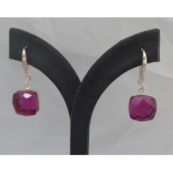 Zilveren oorbellen vierkante roze Toermalijn quartz en Zirkonia