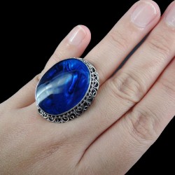 Zilveren ring blauw Abalone schelp in bewerkte setting 17.5 mm