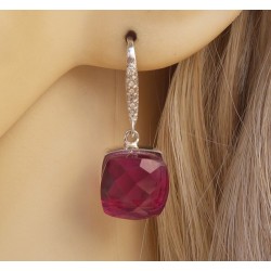Zilveren oorbellen vierkante roze Toermalijn quartz en Zirkonia