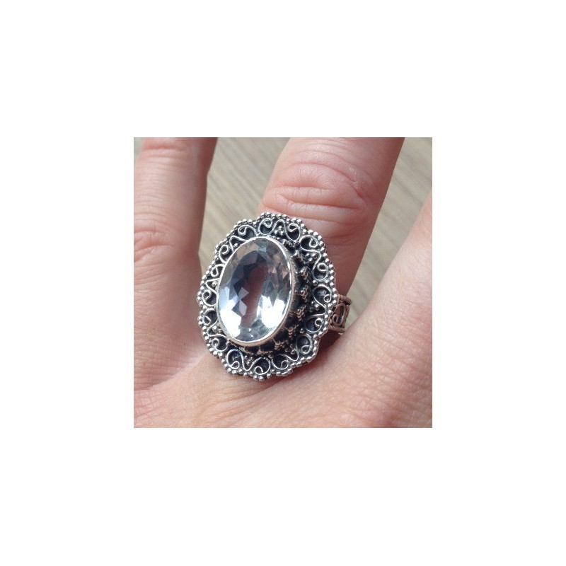 Zilveren ring met Kristal met bewerkte kop en band maat 17.5 mm