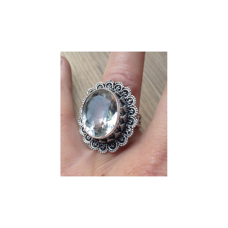 Zilveren ring met Kristal met bewerkte kop en band 17.3 mm