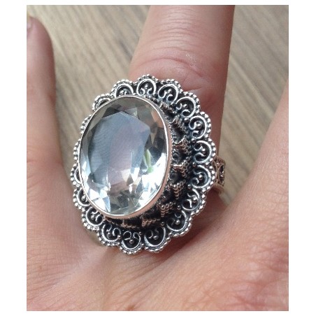 Zilveren ring met Kristal met bewerkte kop en band 17.3 mm